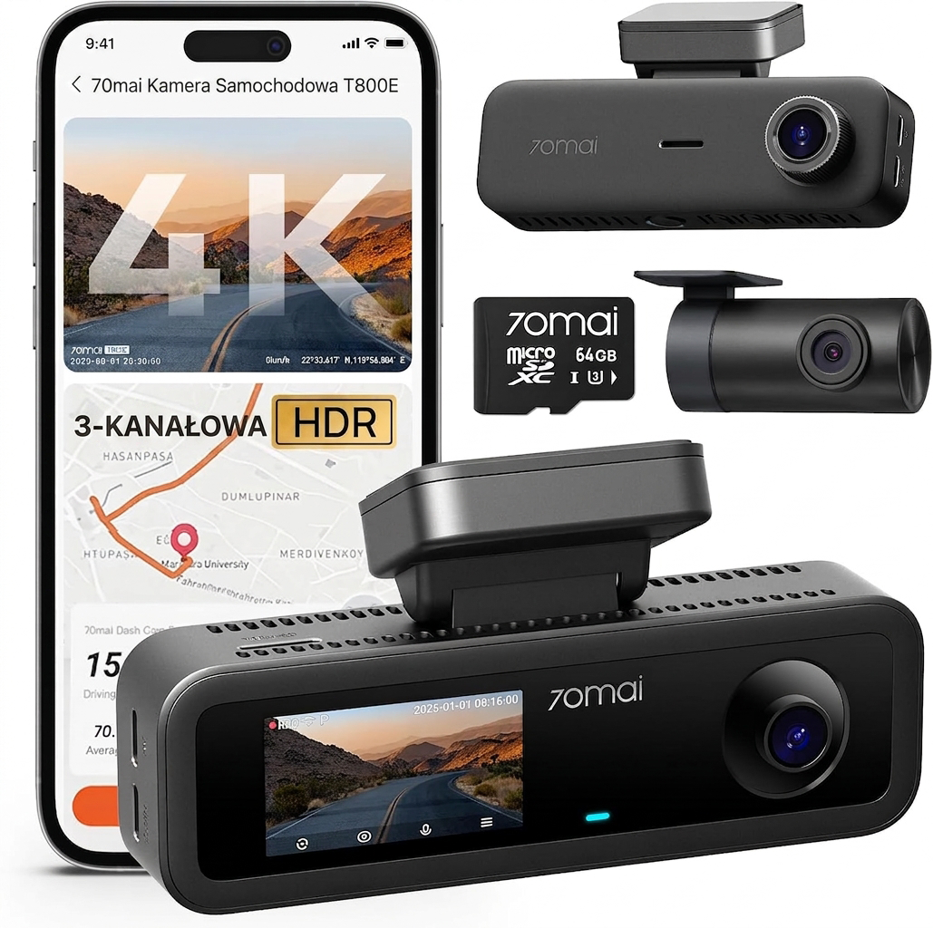 Kamera samochodowa 4K, przód i tył, wnętrze, 3-kanałowa kamera samochodowa, kamera samochodowa z GPS, Wi-Fi 6, sterowanie głosowe, monitor parkowania, noktowizor, nagrywanie w pętli, karta SD 64GB w zestawie (T800E)
